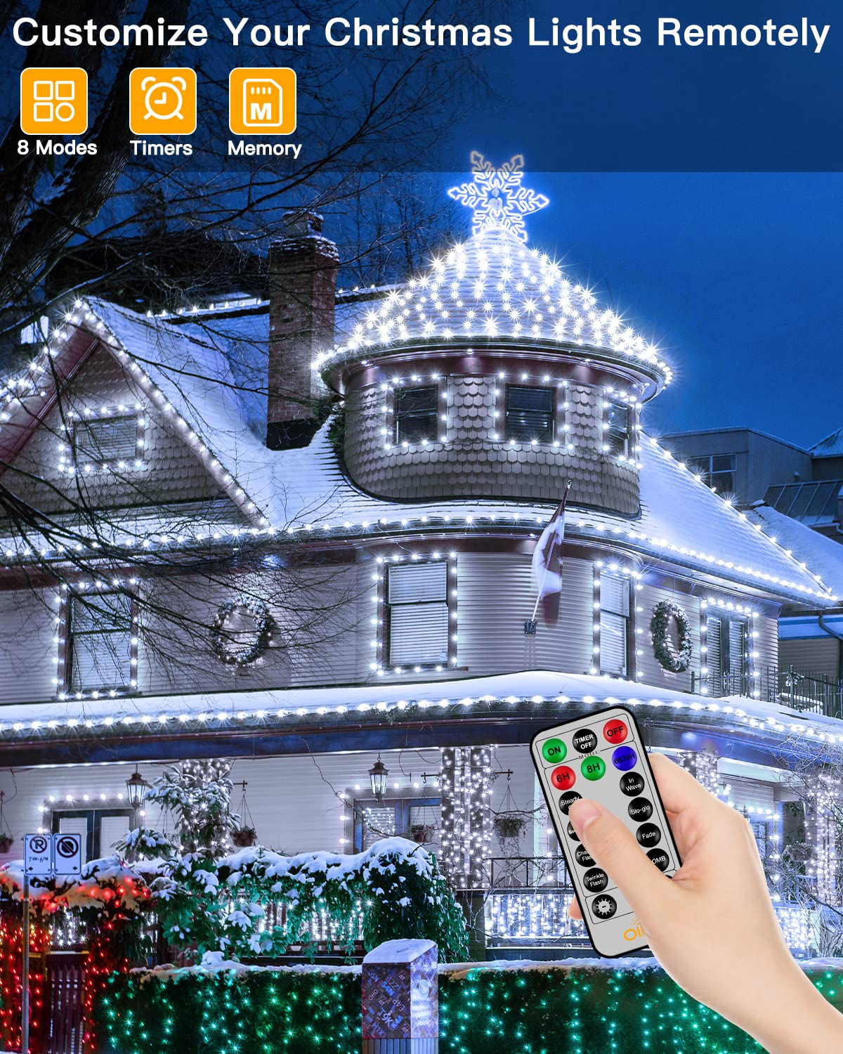 Ollny Christmas Lights Cool White, 600LED 197FT Christmas Tree Lights IP67 Waterproof, Plug in Fairy Lights with Remote 8 Modes Timer, Xmas Light for Outdoor Indoor House Holiday Decor
