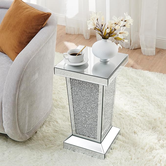Silver Mirrored End Table with Crystal, Modern Side Accent Table, Square Small