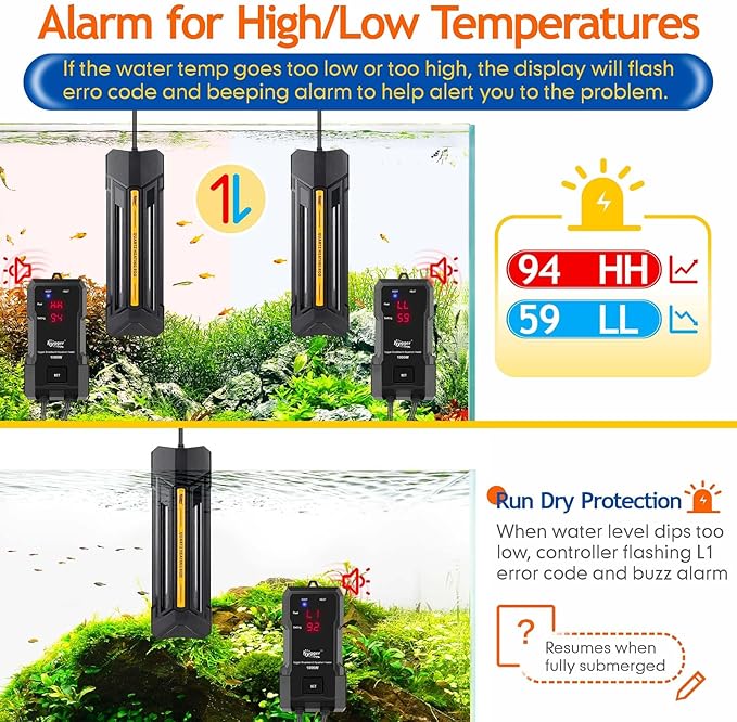 hygger 500W Aquarium Heater with Controller, Adjustable & Submersible Fish Tank Heater with Digital Display Safety Triple Protection Beeping Alarm for Saltwater and Freshwater 65-135 Gallon