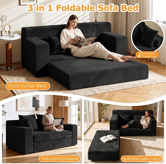 55" Small Boneless Couch, 3-in-1 Boneless Loveseat Sleeper Sofa Bed Convertible
