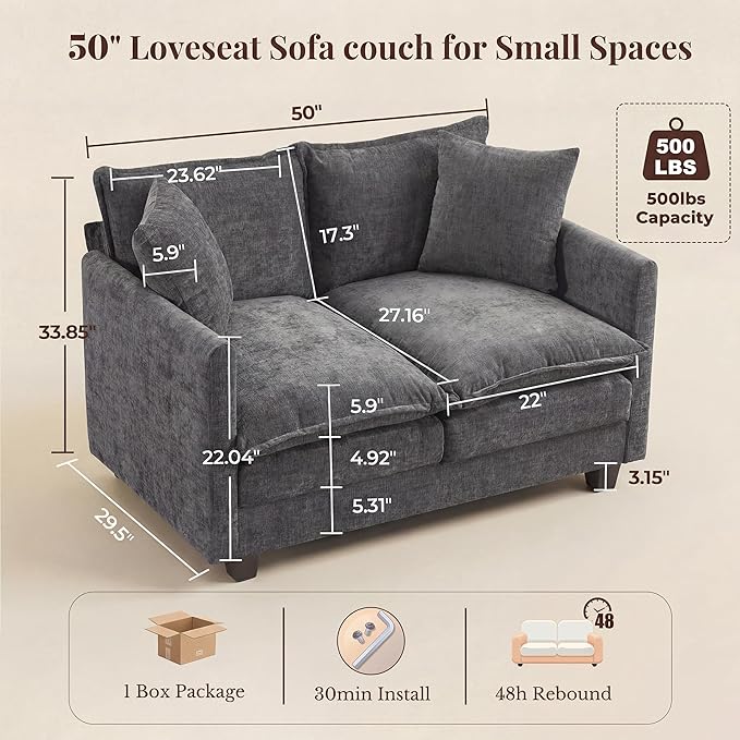 Loveseat Sofa with Cloud 3-Layer Cushion & 27" Deep Seat, Modern Love Seat