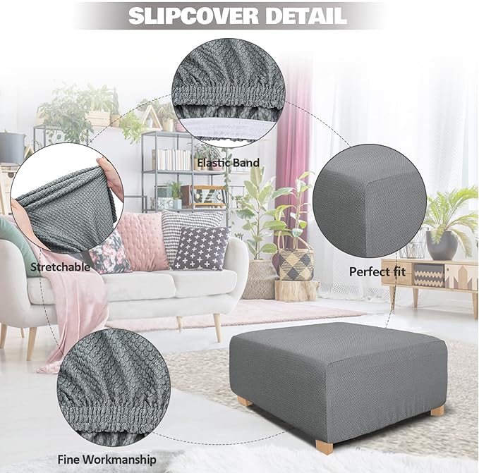 NeColorLife Square Ottoman Cover Jacquard Fabric Ottoman Slipcover Thick