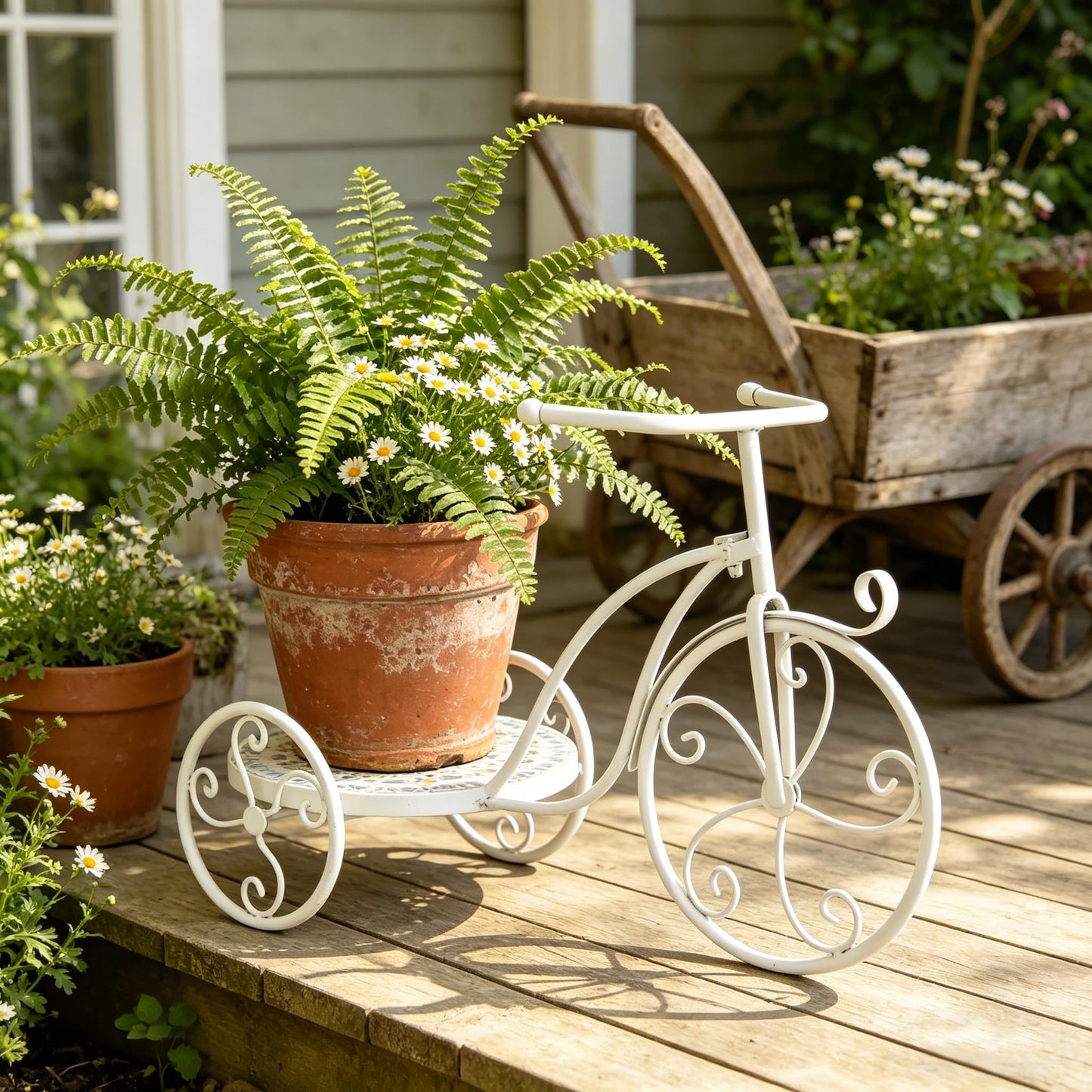 Zorvynelle Metal Bicycle Plant Stand Display Tricycle Plant Rack Flower Holder with Round Ceramic Tile Nesting Tray for Indoor Outdoor Home Garden Patio Wedding Garden Decor