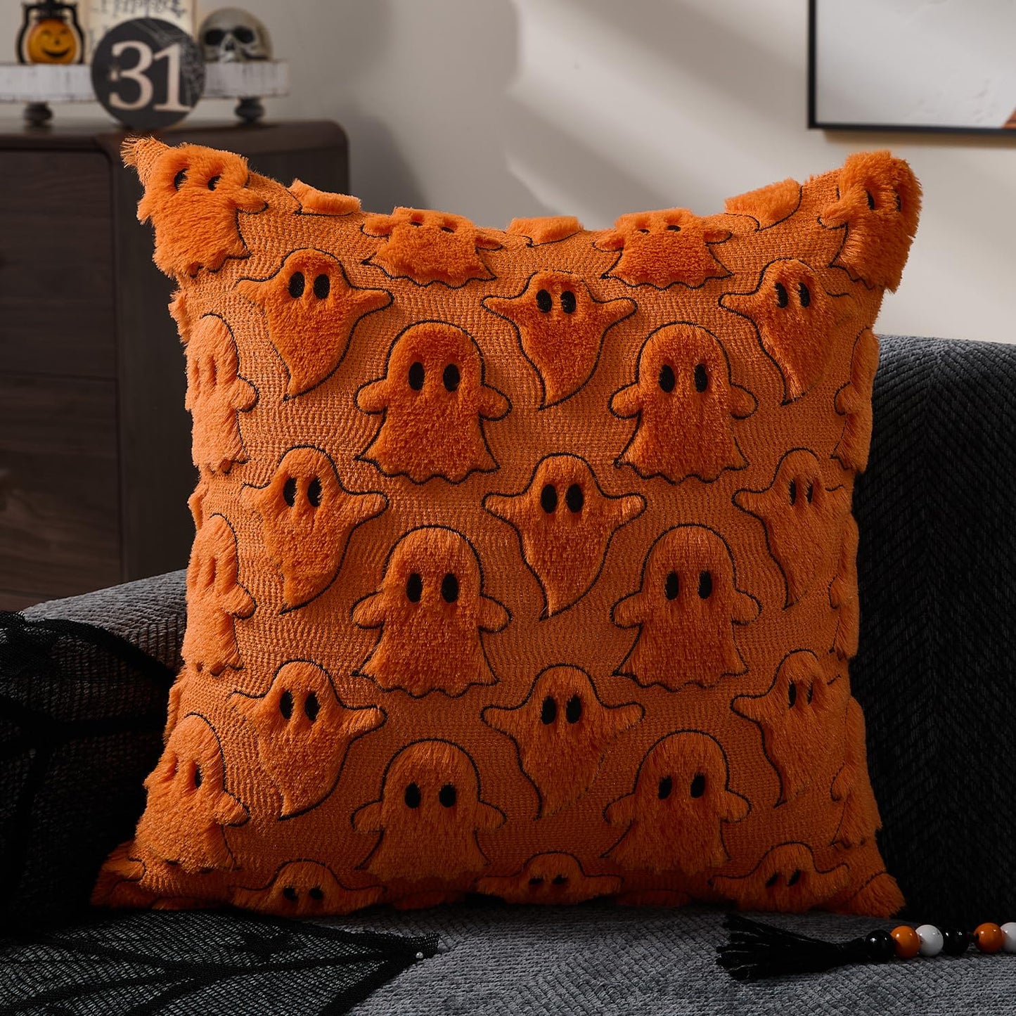 DFXSZ Halloween Pillow Covers 18x18 inch Set of 2 Orange White Ghost Throw Pillow Cases Soft Plush Faux Fur Wool Couch Cushion Case for Chair Sofa Bedroom Living Room Home Decor PTK03K18