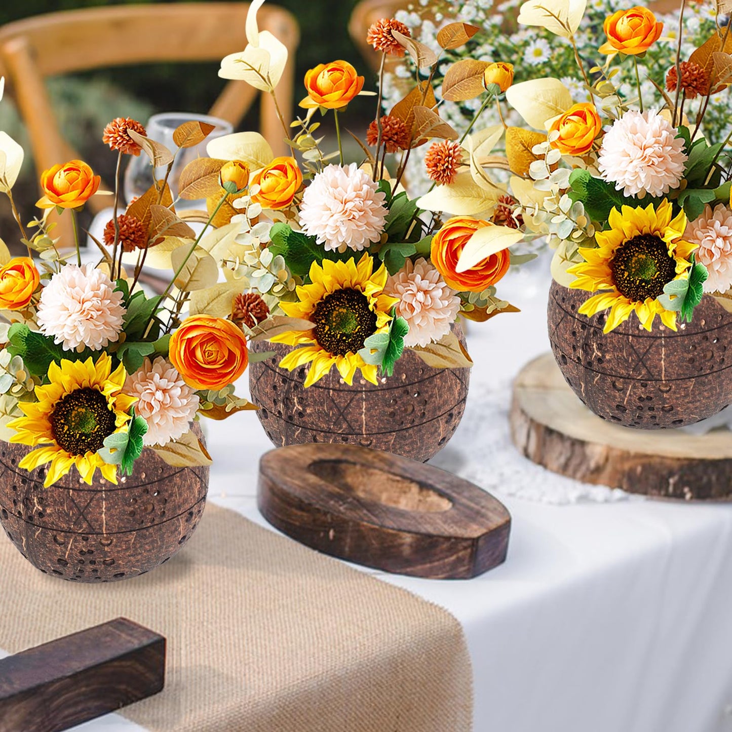 AuroraTurn 4 PCS Handmade Coconut Planters for Centerpieces, Coconut Flower Vase Rustic Planter Pots for Garden Party Wedding Window Home Farmhouse Christmas Table Decor