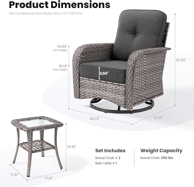 ovios 3-Piece Patio Furniture Set, Outdoor Wicker Sofa