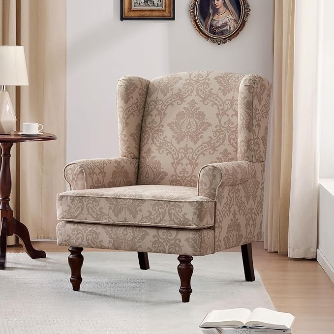 HUIMO Printed Wingback Accent Chair, Linen Upholstered High Back Armchair