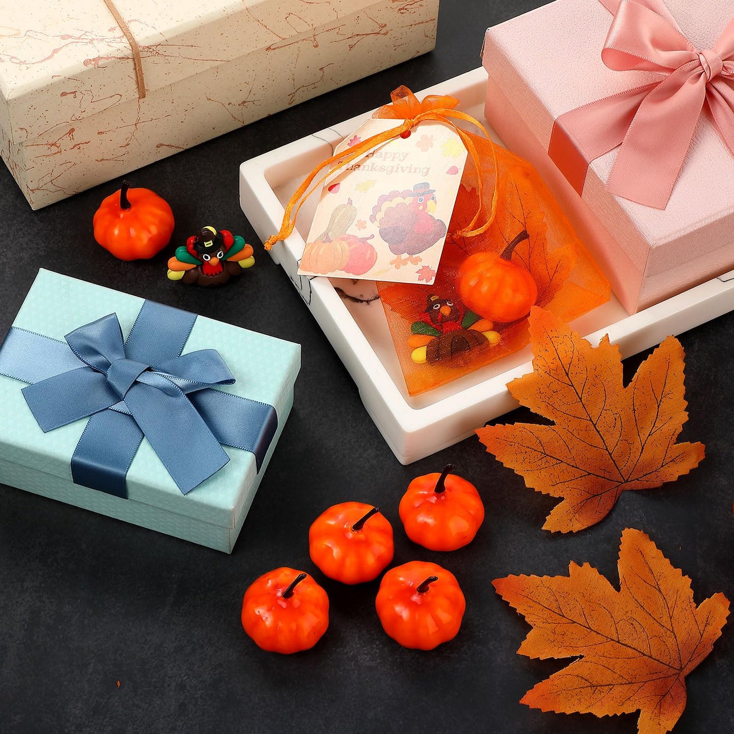 Halloscume 120 Pcs Thanksgiving Party Favor Decorations Fall Gifts, Include Mini Turkey Figurines Foam Pumpkin Maple Leaves Thanksgiving Cards with Orange Organza Bag for Harvest Home Table Decor