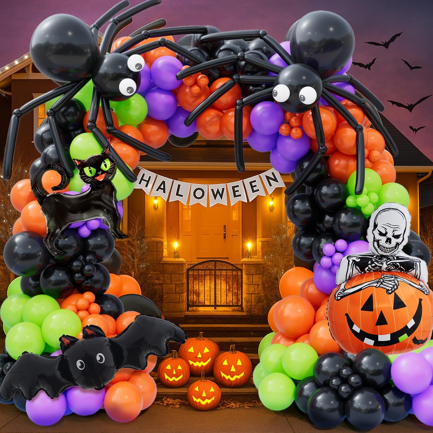 Bonropin 173pcs Halloween Balloon Garland Arch kit with Black Orange Green Purple Balloons Spider Balloons Halloween Foil Balloons for Haloween Theme Party Background Classroom Decorations