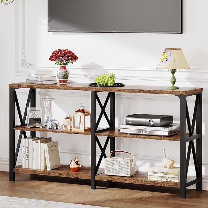 LVB Wood Console Table, Rustic 3 Tier Sofa Table Behind Couch, Industrial Metal
