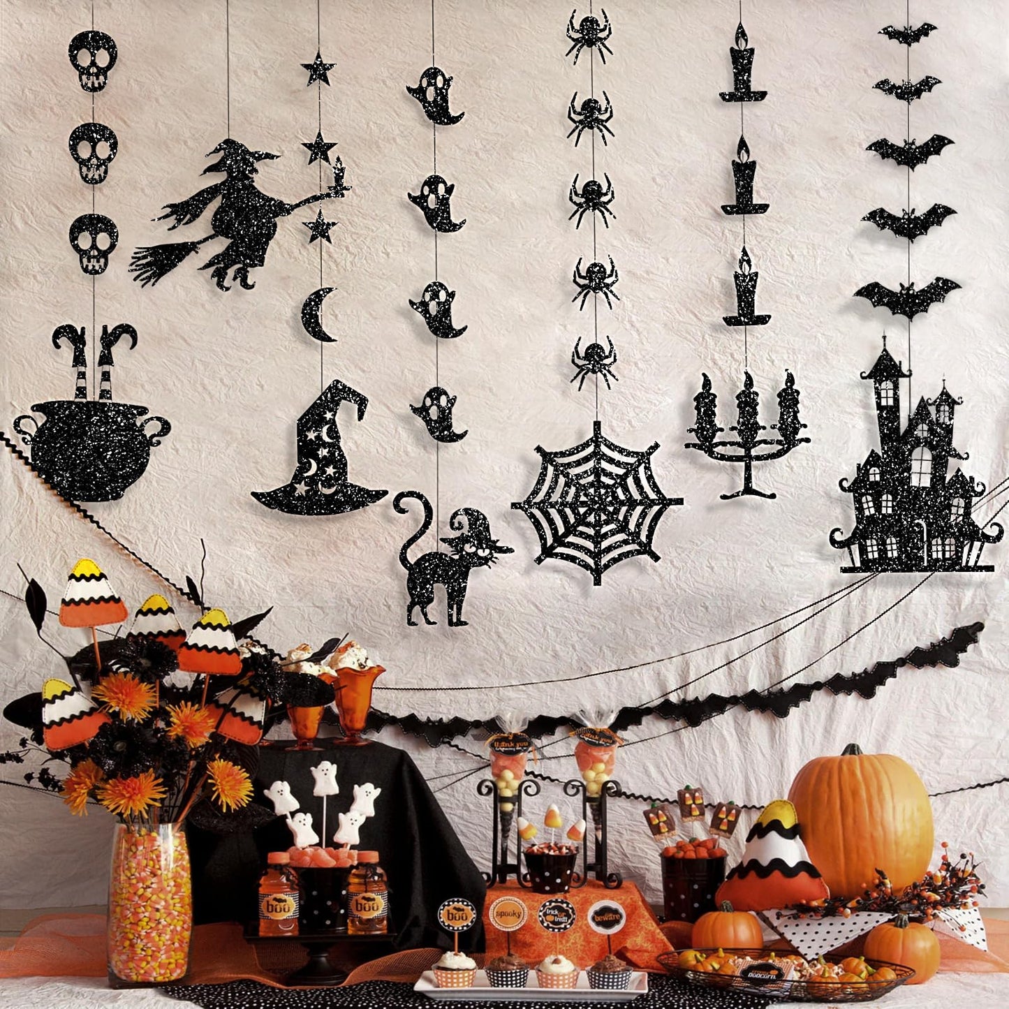 Glitter Black Halloween Hanging Banner Garland Decorations - Ghosts, Witches, Bats, Spiders, Haunted House, Cat and More - Indoor/Outdoor Party Supplies for Gothic Birthday, Home, Office, Classroom