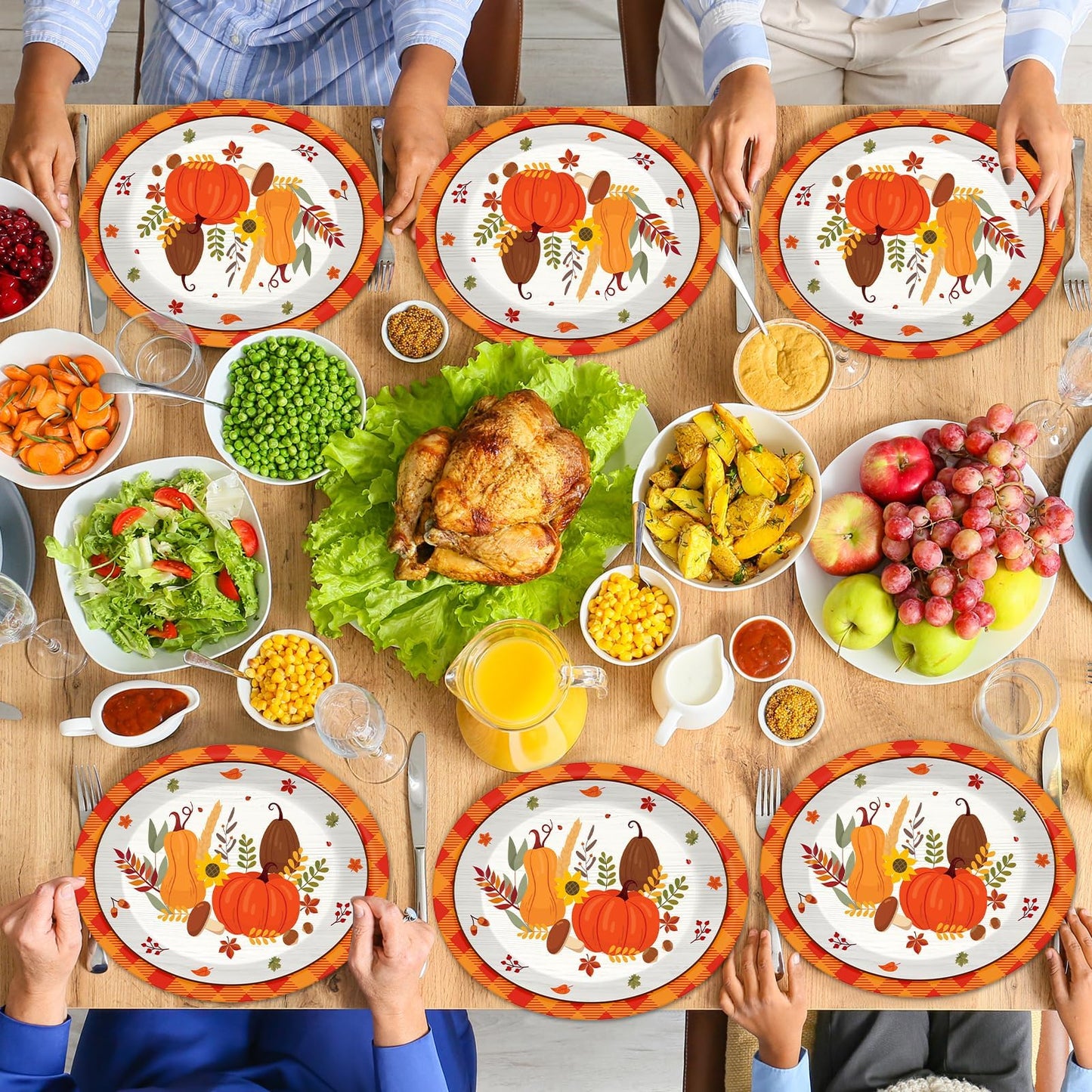 QOUBAI 50Pcs Thanksgiving Fall Oval Plates 11 Inch Large Autumn Pumpkin Maple Leaves Disposable Paper Plate Orange Plaid Platter Dish Tray Tableware Dinnerware Fall Harvest Party Decoration Supplies