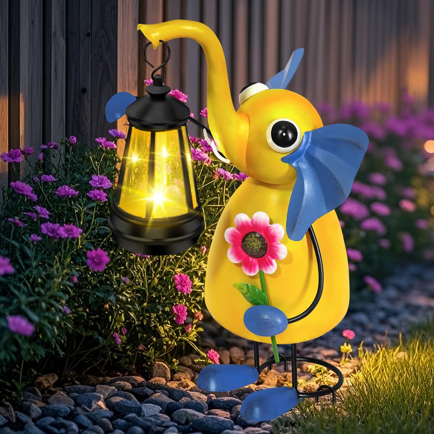 Solar Garden Lights Elephant Statue with Solar Lantern Lights,14.17in Tall Elephant Decor,Birthday Gifts for Women Mom Grandma,Big Metal Decorative Outdoor Figurine for Home Yard Art Patio,Porch,Lawn