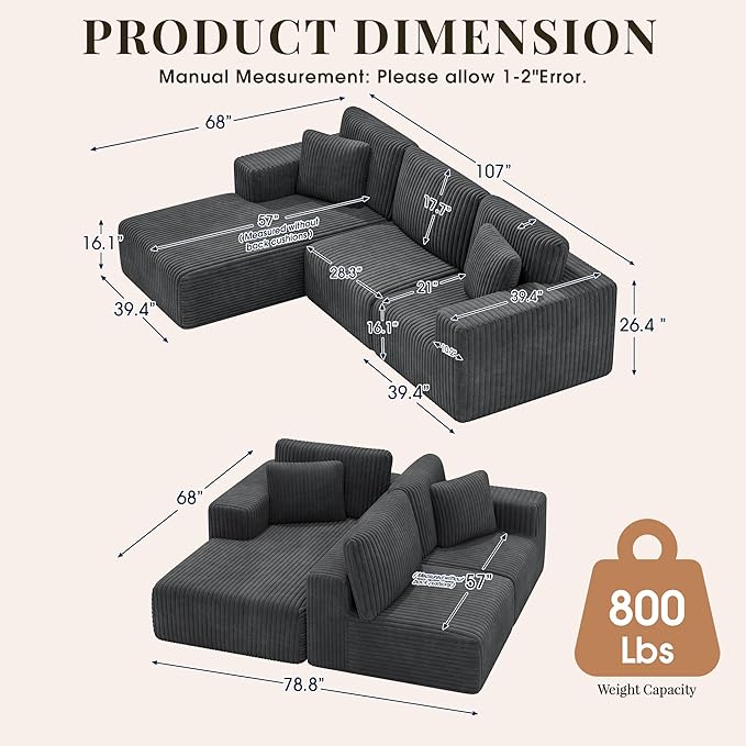 GRUSIGN 107'' Cloud Sectional Boneless Couches