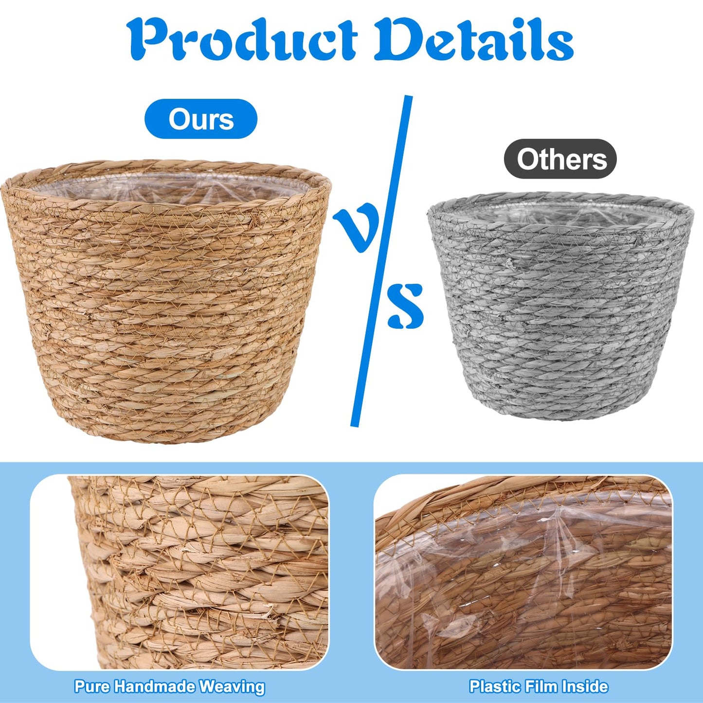 4 Pcs Large Premium Seagrass Planter Basket with Plastic Lining Natural Stylish Planter Baskets Indoor Outdoor Plants Woven Wicker Baskets for Plants Flower Pots Cover and Room Decor(10.2x7.5x7.5")