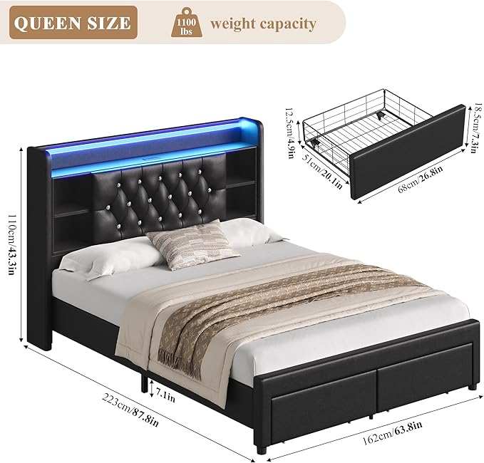 Queen Bed Frame with Drawers, Hidden-Cubby & Shelves Storage Headboard with