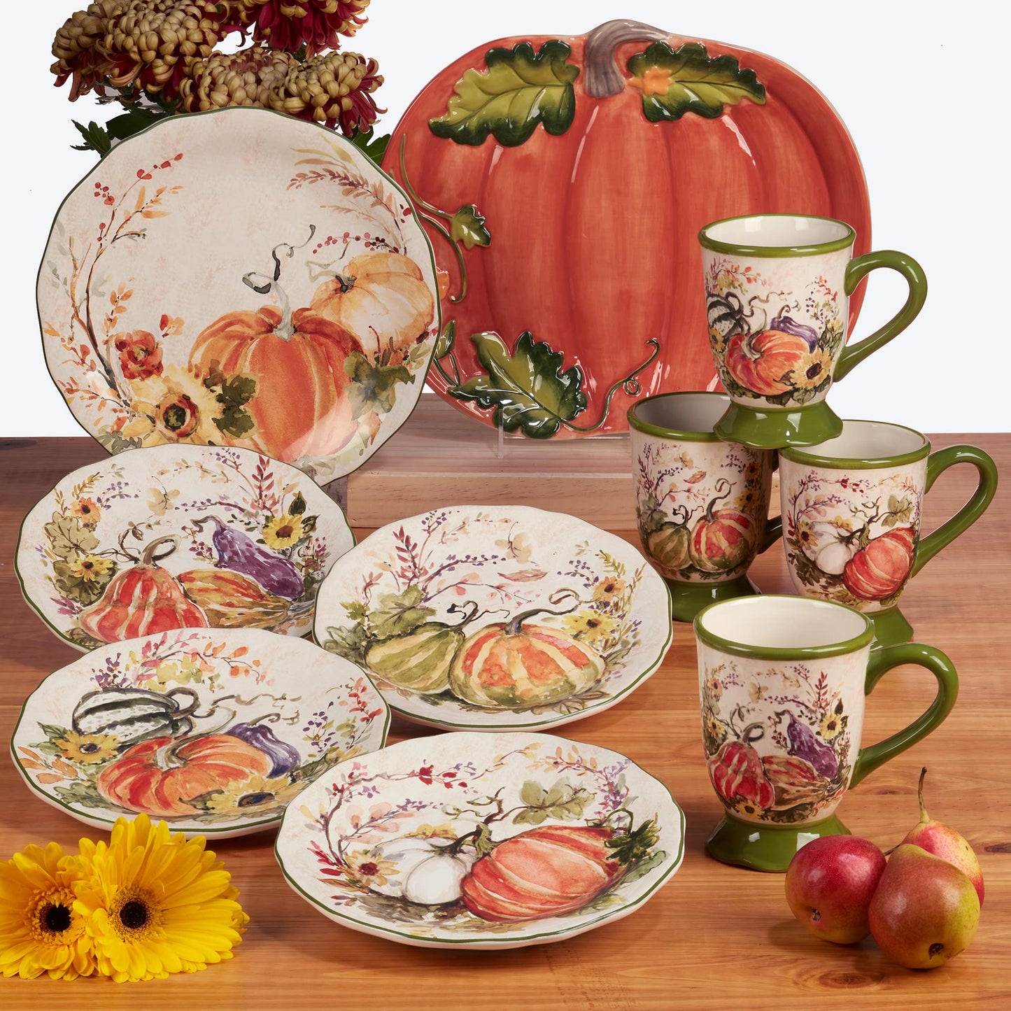 Harvest Morning Ceramic Serving Bowl – Perfect for pasta, salads, or side dishes, this serving bowl showcases vibrant pumpkins and leaves for a stunning fall table centerpiece 128 oz