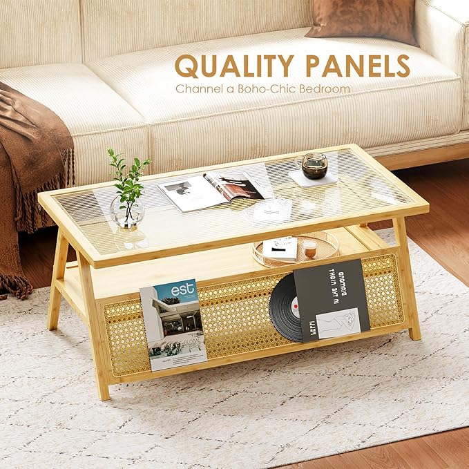 Bamworld Coffee Table with Storage Mid-Century Modern Coffee Table Boho