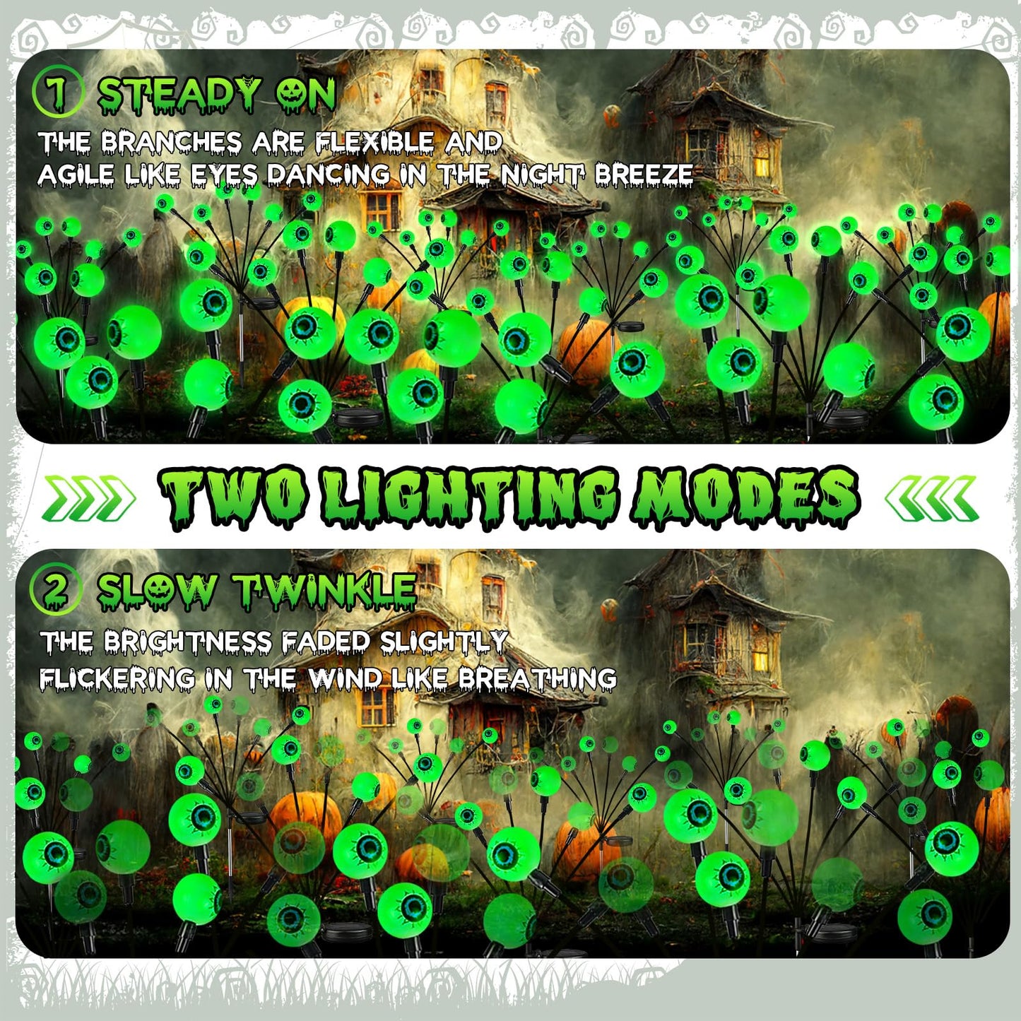 4 Pack Solar Eyeball Lights for Halloween Decorations Outdoor, 24 LED Green Eyeball Solar Halloween Lights, Waterproof Swaying Firefly Lights with 2 Modes for Pathway Patio Yard Lawn Garden Decor