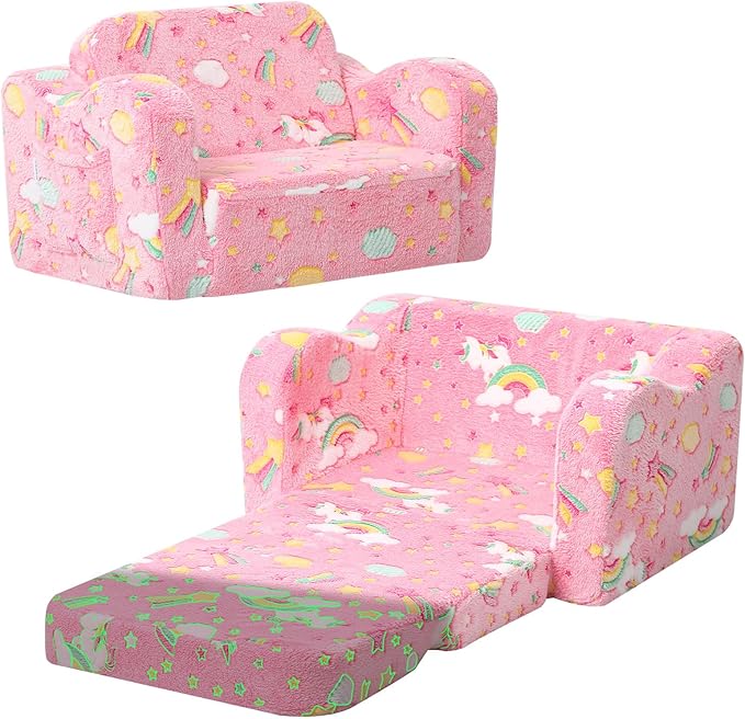 MeMoreCool Glowing Pink Rainbow Kids Chair, 2-in-1 Glow-in-the-Dark Kids Couch