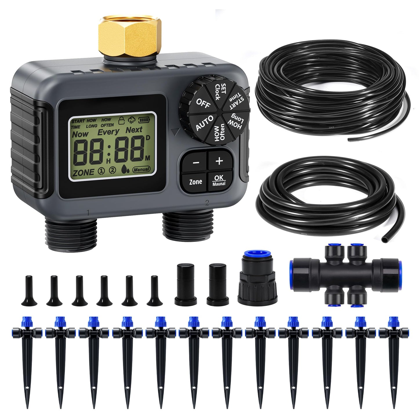 HIRALIY 50FT Drip Irrigation Kit with Garden Water Timer-2 Zone, Automatic Garden Watering System for Raised Bed, Quick Connect Design, Irrigation System for Plant Patio