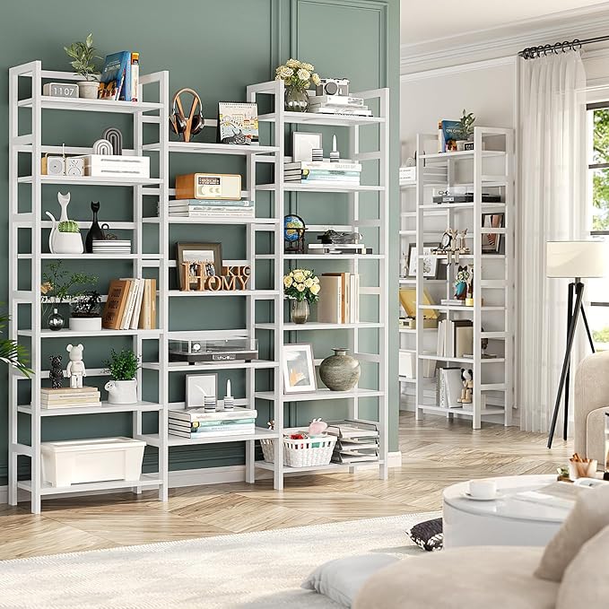 Homykic Bamboo Bookshelf, 71” Tall Triple Wide Bookcase