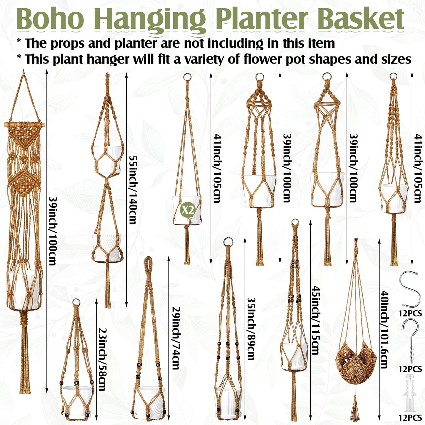 Hoteam 12 Pcs Macrame Plant Hangers Macrame Hanging Planters for Indoor Plants Handmade Boho Hanging Baskets Flower Pots Holder for Outdoor Home Wall Decor(Brown)