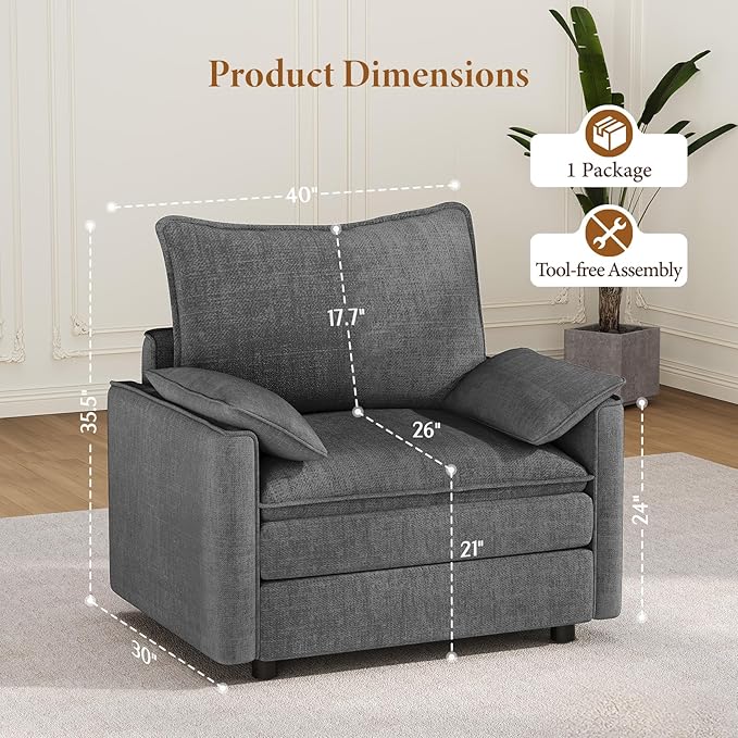 Vesgantti 40" Single Seat Sofa, Comfy Cloud Couch Deep Seat Upholstered Couch