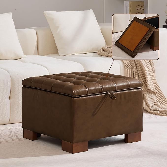 WUTUTUEE 24" Faux Leather Square Storage Ottoman