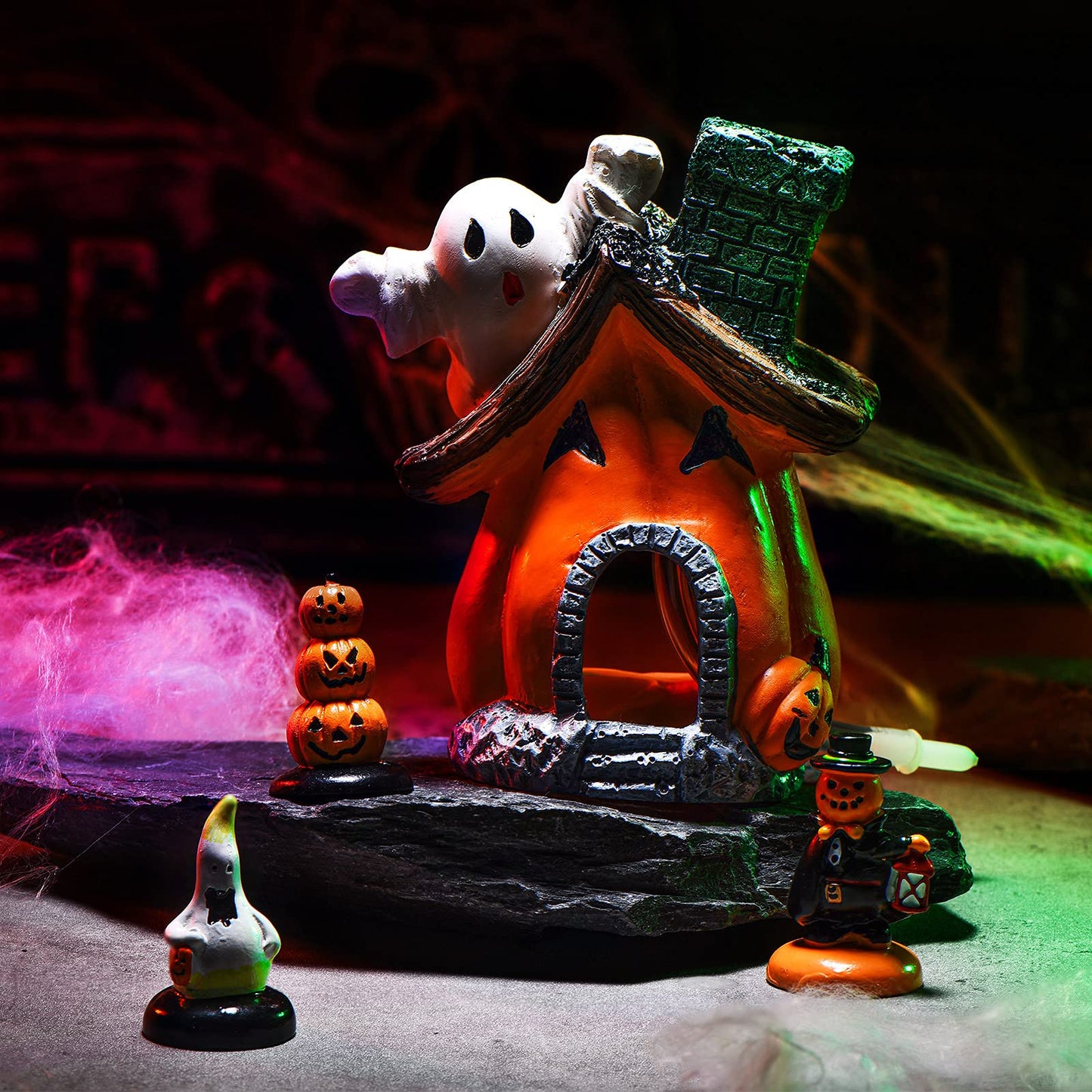Blulu 4 Pieces Halloween Decorations for Fish Tank Miniature Figurines Indoor Outdoor Resin Ghost Pumpkin Bubble House Statue Set Halloween Ornament Garden Decor