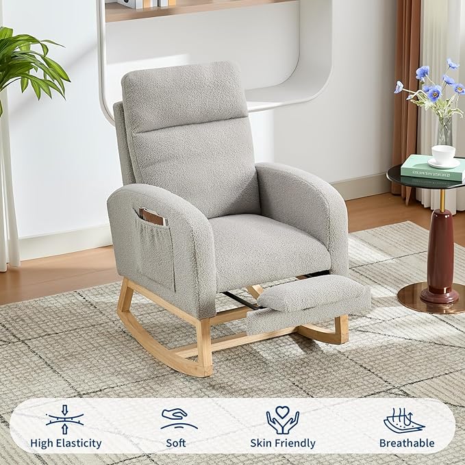 Modern Nursery Rocking Chair, Teddy Upholstered Rocking Chair