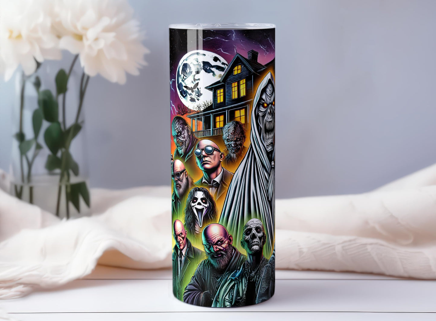 Casitika Horror Movie Merchandise. 20 Oz Halloween Tumbler With Lid And Straw. Scary Movie Cups For Horror Room Decor. (Ghost)