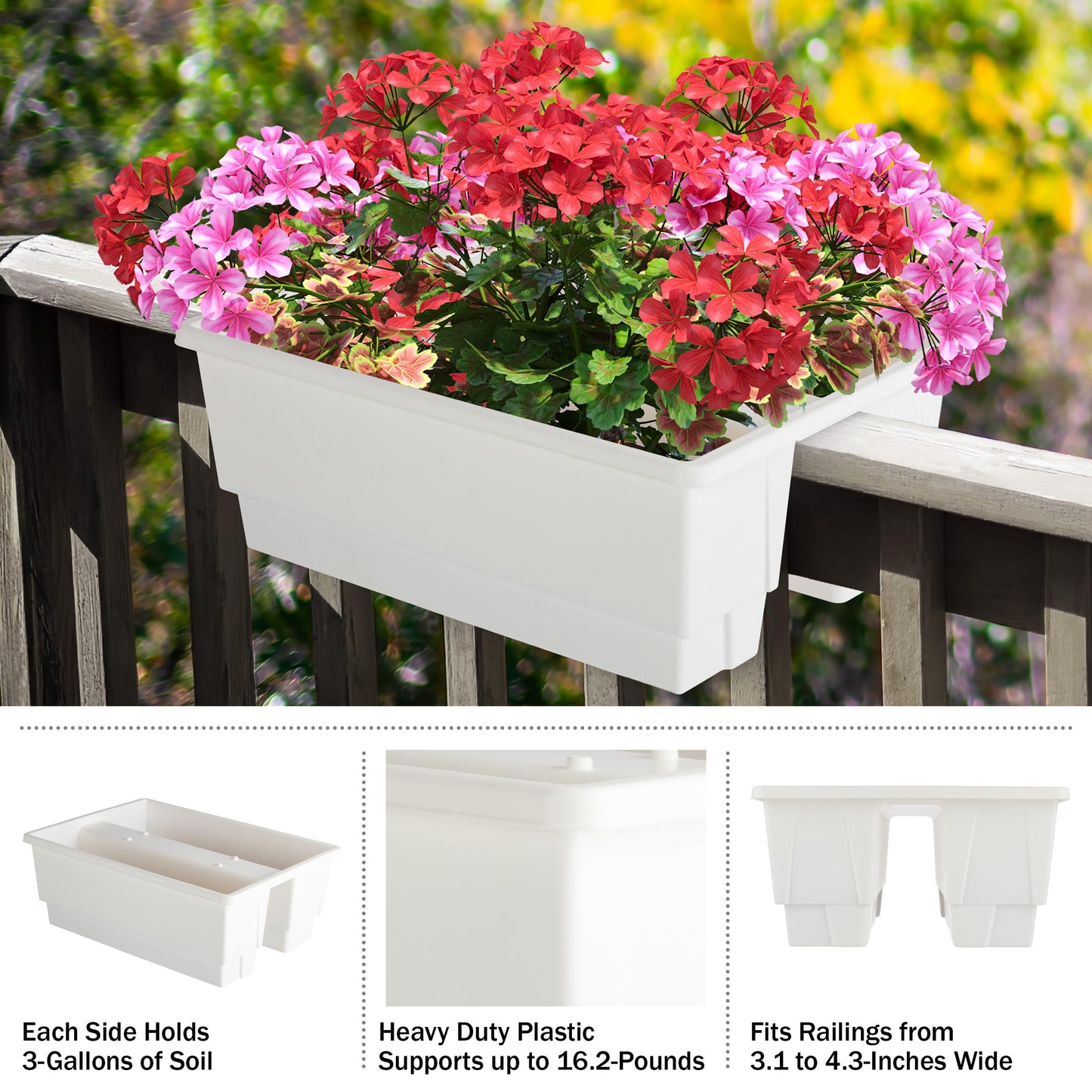 Railing Planter Box 2-Pack - 20.75-Inch Flower Boxes with Removable Drainage Inserts - 6-Gallon Outdoor Planters for Porch, Deck, or Balcony Decor, Fits Rail 3” - 4” by Pure Garden (White)