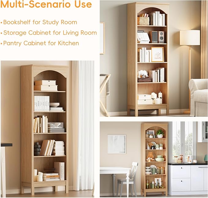 Arched Set of 2 Bookshelf with 5 Tier Open Shelves, Living Room, Natural Oak