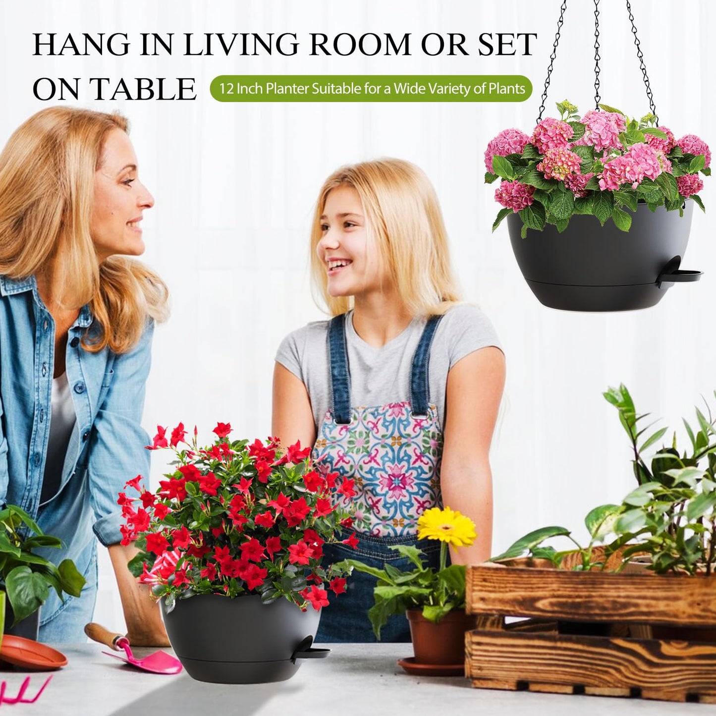 SQKH 12 Inch Hanging Baskets 2 PC with Chains, Self-Watering Hanging Planters for Indoor Outdoor Plants, Plastic Hanging Flower Pots,Black