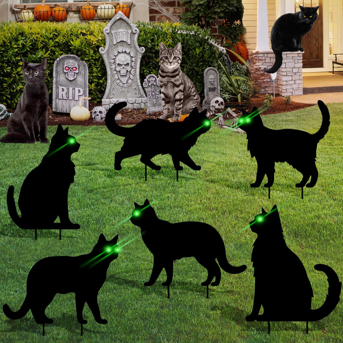 sewrung 6 Pcs Black Cat Halloween Decorations Plastic Yard Signs with Stakes,Halloween Decorations Outdoor, Scary Silhouette with Glow in Dark Eyes for Outdoor Yard Lawn Garden Halloween Décor