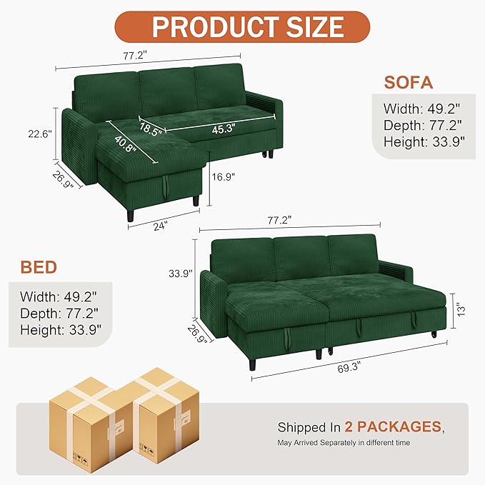 Vongrasig Pull Out Couch, 2 in 1 Sectional Sleeper Sofa Bed