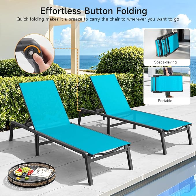Aluminum Chaise Lounge Chair Outdoor, Foldable & Assembly Free Outdoor Lounge