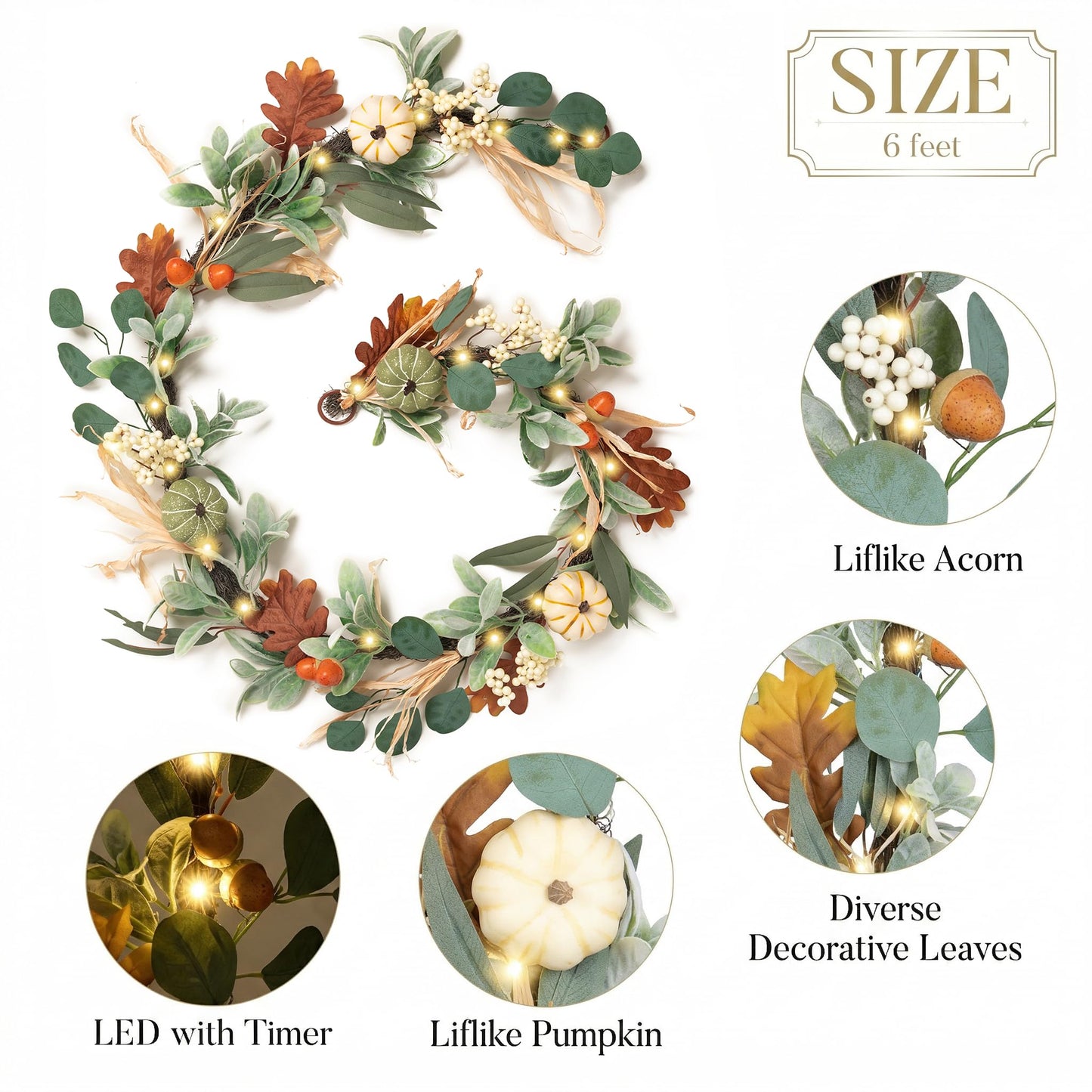Valery Madelyn Fall Garland for Mantle, 6ft Lambs Ear Leaves Garland with Lights White Pumpkins Thanksgiving Table Centerpiece, Fall Autumn Decorations for Home Porch Fireplace Outdoor Halloween Decor