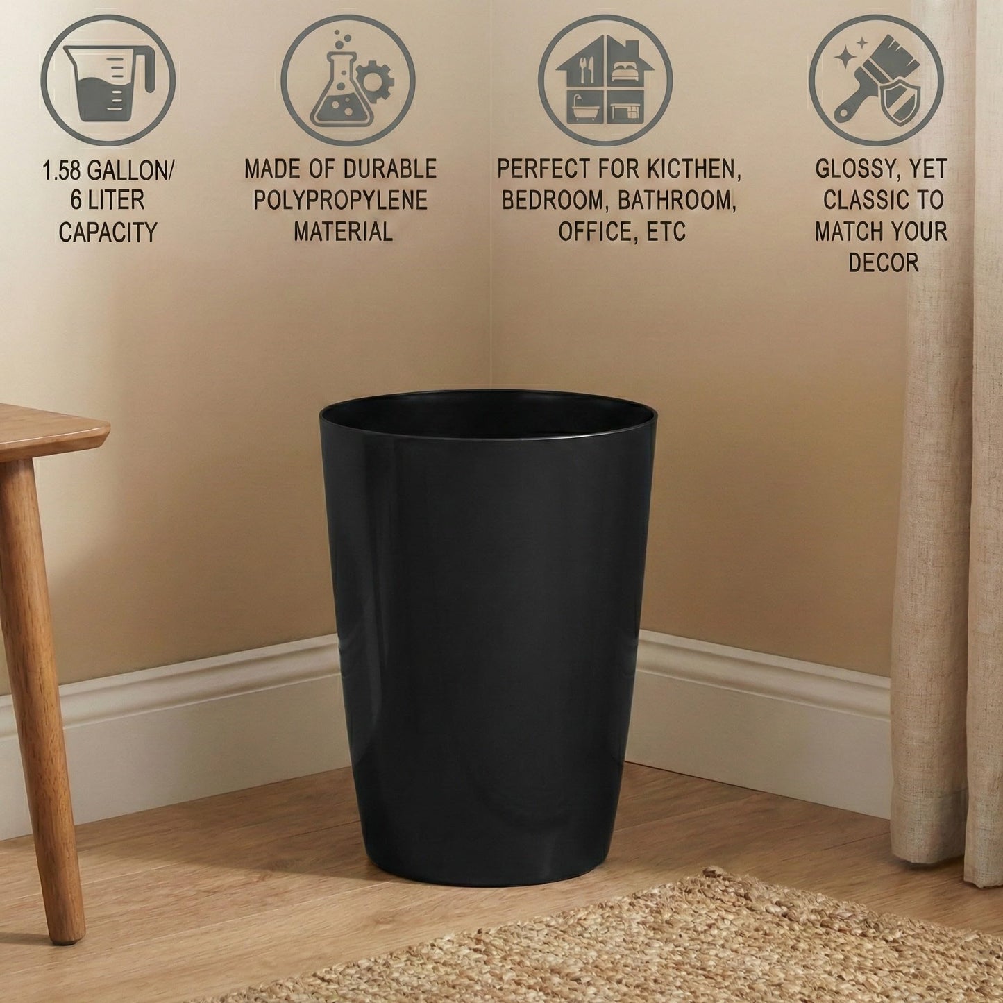 Mini Waste Basket - Durable Small Plastic Garbage Trash Can Bin - Lidless Open-Top, Slim Profile for Compact Spaces - Suitable for Home, Bathroom, Office, Bedroom, Kitchen and More, Black