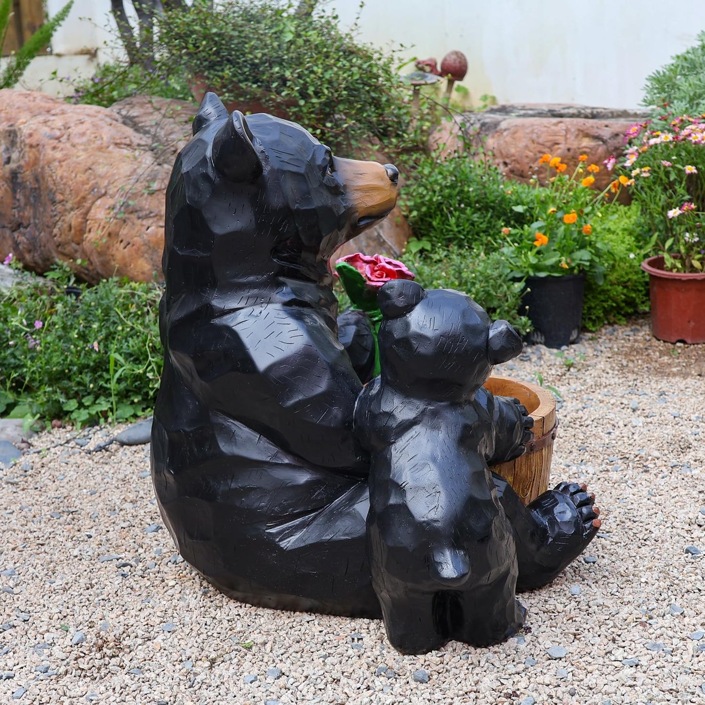 Bear and Cub Garden Planter - 21-Inch Large Resin Black Bear Statue with Flower Barrel, Rustic Wood Carved Look Flower Pot for Outdoor Porch Patio Yard Decor, Animal Sculpture Housewarming Gift
