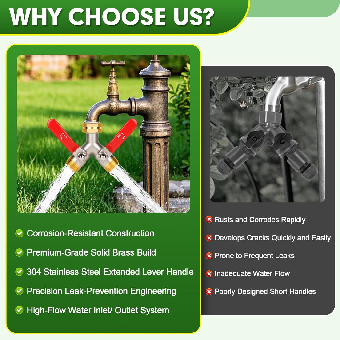 DINGBAI Hose Splitter 2 Way, High Flow Garden Hose Splitter, 3/4” Ght Inlet Brass Heavy Duty Hose Converter, Full Flow water 2 Way Faucet hose splitter, Long Handle Hose Valve Large Outlet.
