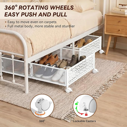 Under Bed Storage, Under the Bed Storage Containers with Wheels, Under Bed Shoe Storage Organizer Drawer, Tool-free Assembly Metal Underbed Storage for Bedroom Clothes Shoes Blankets-2 Pack White