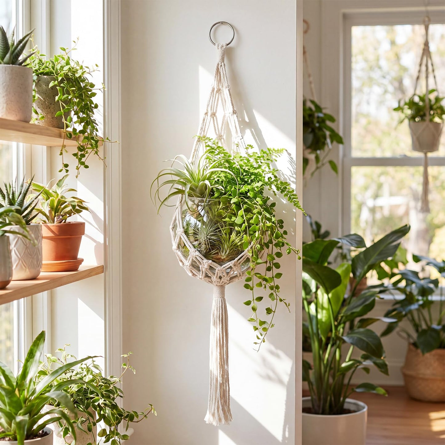 Junkin 1 Set Handmade Macrame Plant Hanger with Plastic Bowl Fish Tank, Cotton Rope Hanging Planter Basket for Indoor Outdoor Wall Decor, Boho Style, No Plant Included