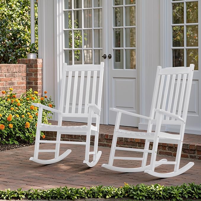 Flamaker Acacia Wood Patio Rocking Chair Set of 2, High Back and Widen Armrest