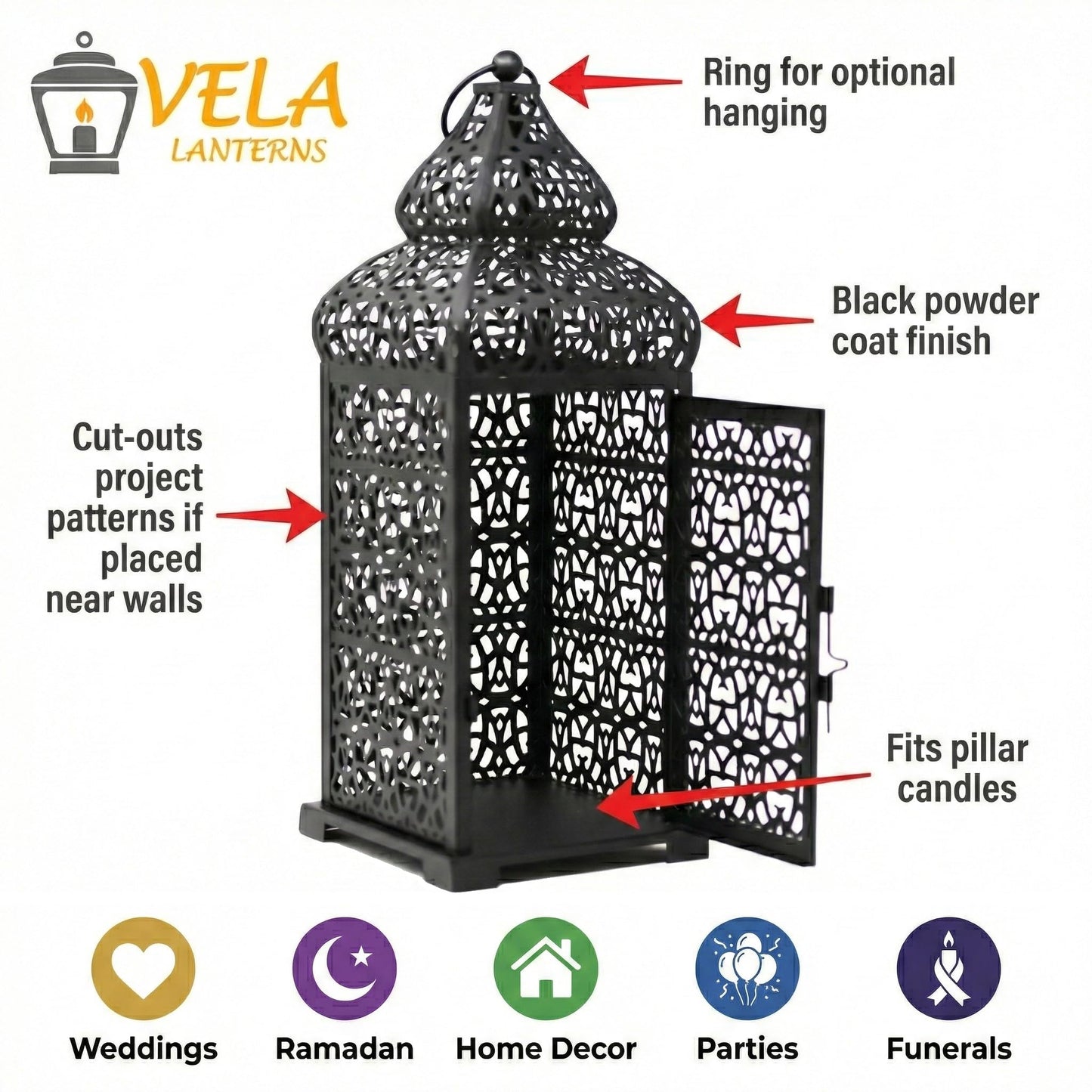 Vela Lanterns Decorative Indoor Moroccan Candle Holders, Black, Set of 2