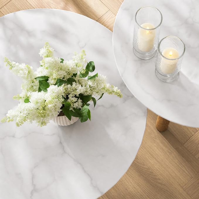 Yechen Nesting Coffee Table Set of 2, Mid Century Modern Coffee Table with Faux Marble Top, Round Tea Table and End Table Set, Minimalist Center Tables for Living Room, Office, or Apartment