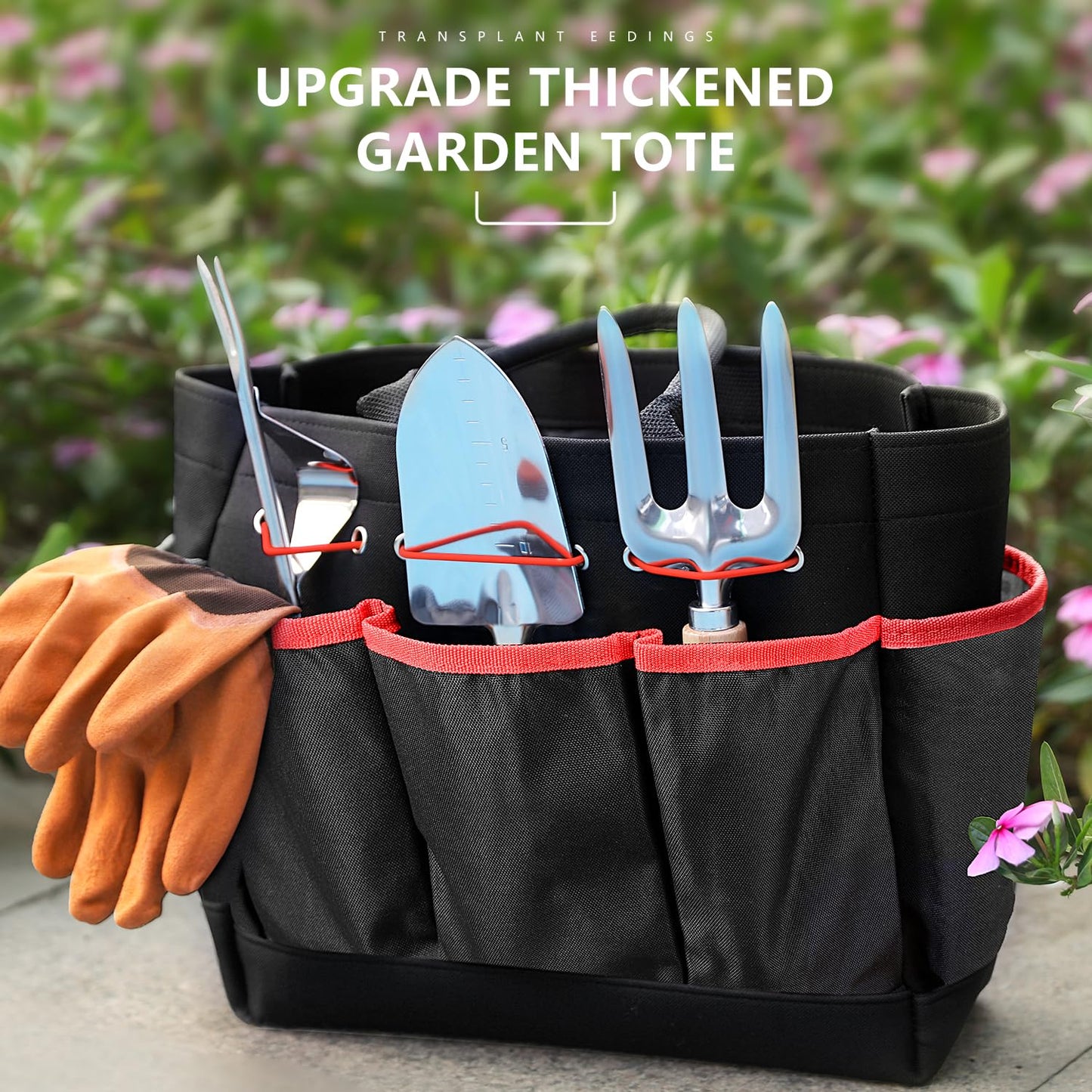 Grenebo Garden Tools 9-Piece Heavy Duty Gardening Hand Tools with Fashion and Durable Garden Tools Organizer Handbag, Rust-Proof Garden Tools Set, Ideal Gardening Gifts for Women (Black Red)