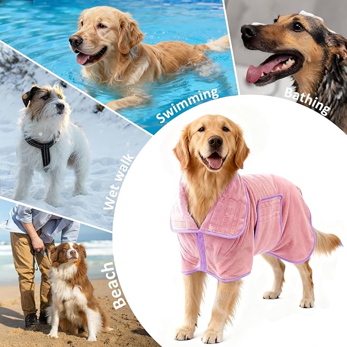 Soft Dog Bathrobe Fast Drying Dog Coat, Super Absorbent Dog Towels for After Bath, Microfiber Pet Robe Adjustable Collar & Belly Warm Keeping Dogs Coat for Pet Dogs & Cats (Pink, Small)
