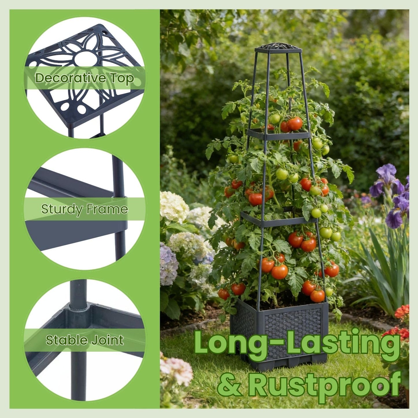 Lancisism Raised Garden Bed Tomato Planter with Trellis - 45" Self Watering Planters Box with Trapezoidal Trellis for Climbing Plants Vegetables Flowers - Tomato Cages for Greenhouse Indoor Outdoor